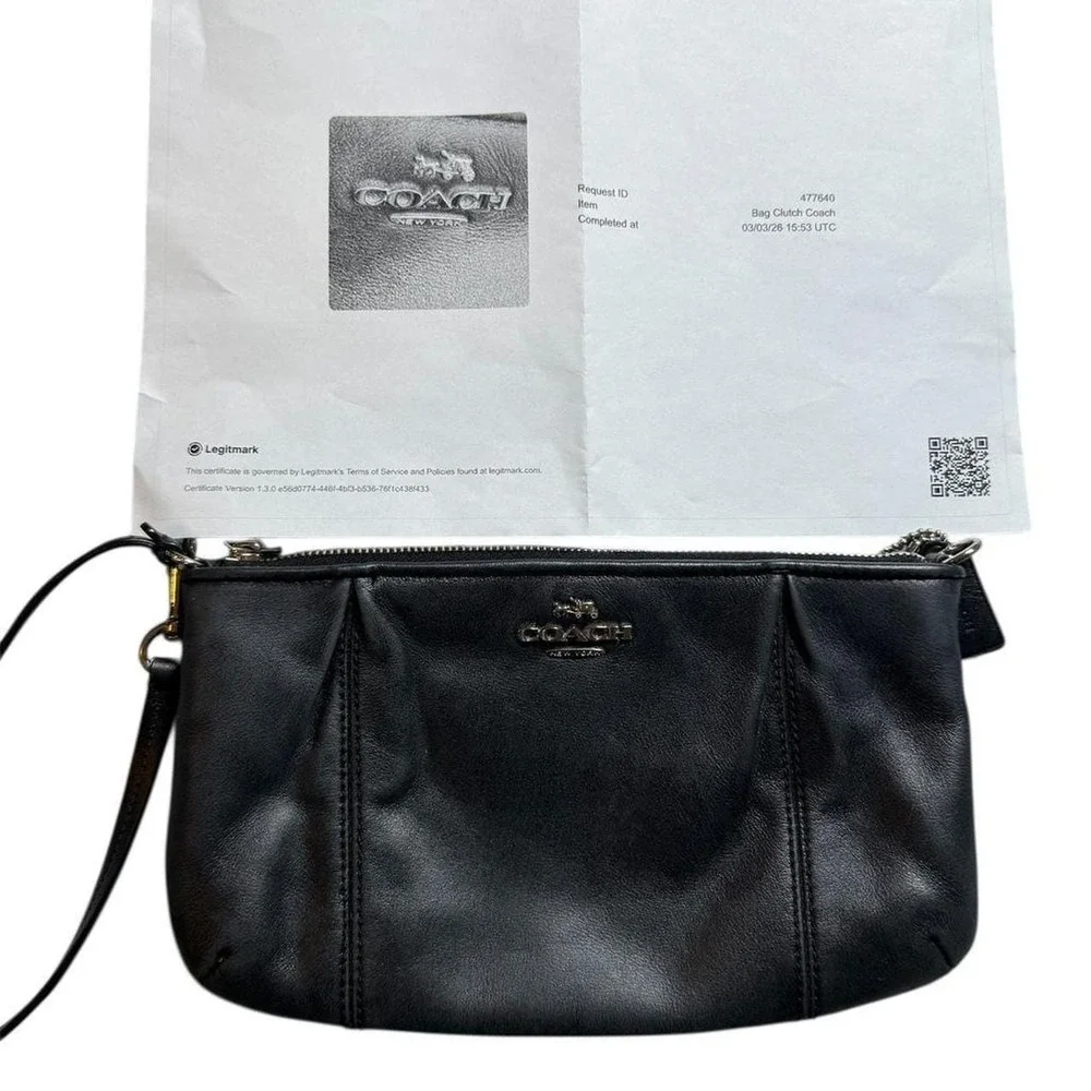 Coach Wristlet Clutch Women Small Black Excellent F52153 Leather‎ Pleated Gold